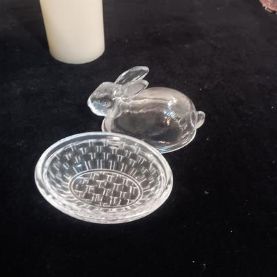 FOSTORIA AMERICAN COIN WEDDING BOWL, 2 FLAMELESS CANDLES AND GLASS RABBIT TRINKET BOX