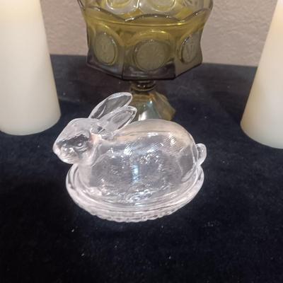 FOSTORIA AMERICAN COIN WEDDING BOWL, 2 FLAMELESS CANDLES AND GLASS RABBIT TRINKET BOX