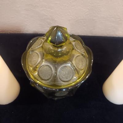FOSTORIA AMERICAN COIN WEDDING BOWL, 2 FLAMELESS CANDLES AND GLASS RABBIT TRINKET BOX