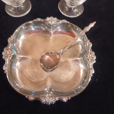 FOSTORIA WILLOWMERE ETCHE CREAM/SUGAR SET PLUS SILVER PLATED SIDE DISH
