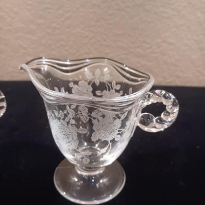 FOSTORIA WILLOWMERE ETCHE CREAM/SUGAR SET PLUS SILVER PLATED SIDE DISH