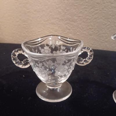 FOSTORIA WILLOWMERE ETCHE CREAM/SUGAR SET PLUS SILVER PLATED SIDE DISH