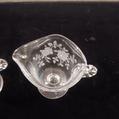 FOSTORIA WILLOWMERE ETCHE CREAM/SUGAR SET PLUS SILVER PLATED SIDE DISH