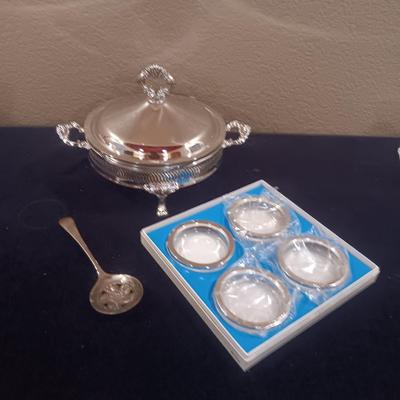 SILVER PLATED ENTREE SERVER & SERVING SPOON PLUS GLASS COASTERS