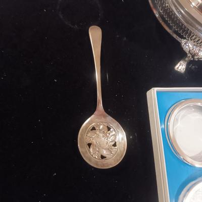 SILVER PLATED ENTREE SERVER & SERVING SPOON PLUS GLASS COASTERS