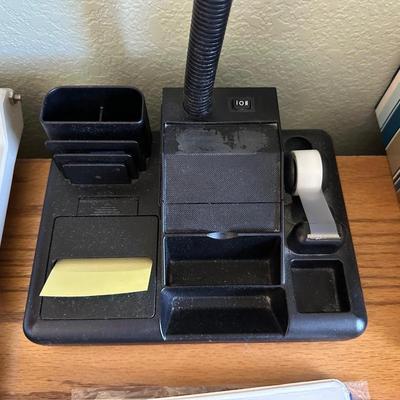 PAPER CUTTER, DESK ORGANIZER W/LAMP, LANDLINES AND MORE
