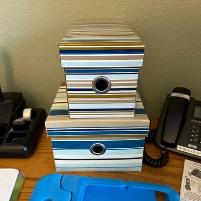 PAPER CUTTER, DESK ORGANIZER W/LAMP, LANDLINES AND MORE
