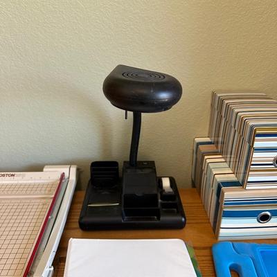 PAPER CUTTER, DESK ORGANIZER W/LAMP, LANDLINES AND MORE
