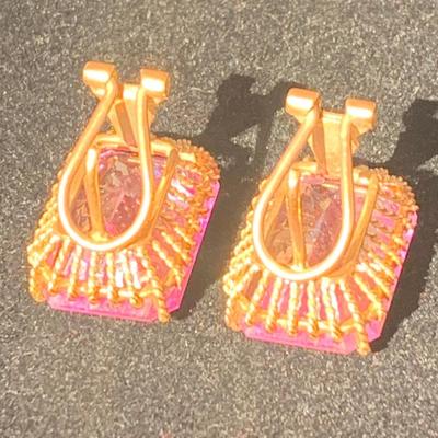Large Vivid Pink Set On Gold Estate Earrings