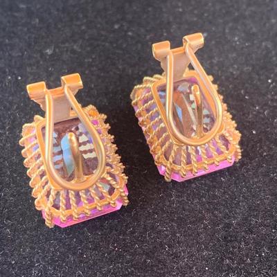 Large Vivid Pink Set On Gold Estate Earrings