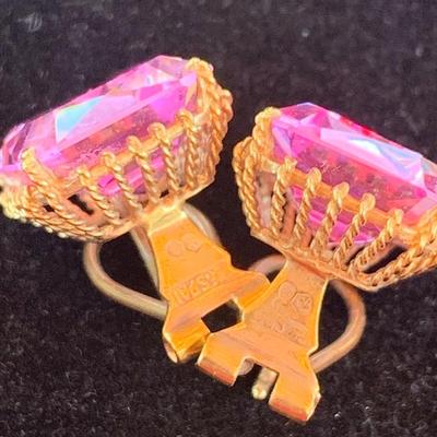 Large Vivid Pink Set On Gold Estate Earrings