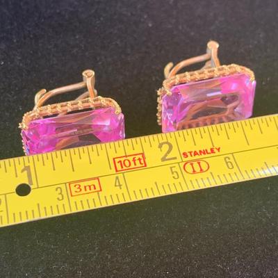 Large Vivid Pink Set On Gold Estate Earrings