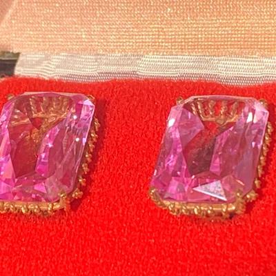 Large Vivid Pink Set On Gold Estate Earrings