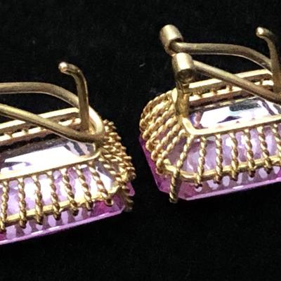 Large Vivid Pink Set On Gold Estate Earrings