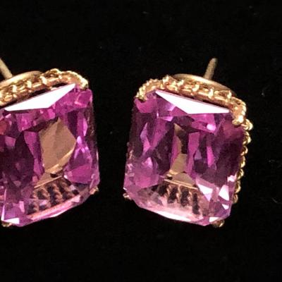 Large Vivid Pink Set On Gold Estate Earrings
