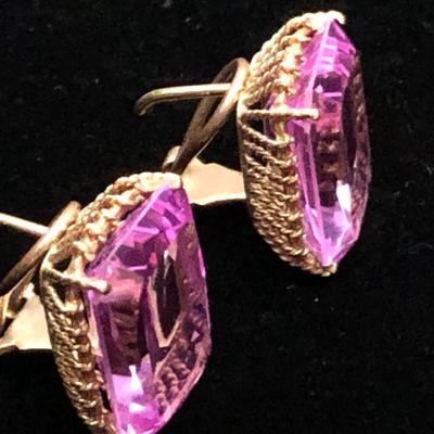 Large Vivid Pink Set On Gold Estate Earrings