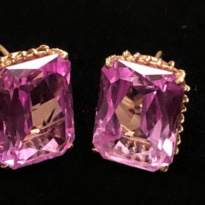 Large Vivid Pink Set On Gold Estate Earrings