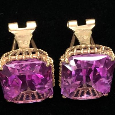 Large Vivid Pink Set On Gold Estate Earrings