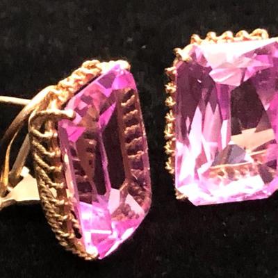 Large Vivid Pink Set On Gold Estate Earrings
