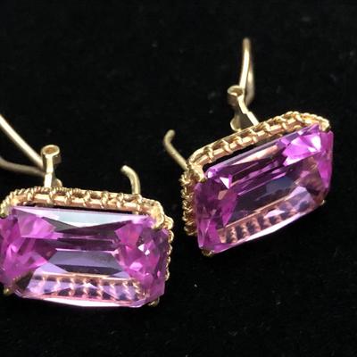 Large Vivid Pink Set On Gold Estate Earrings