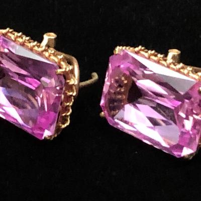 Large Vivid Pink Set On Gold Estate Earrings