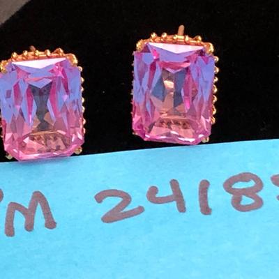 Large Vivid Pink Set On Gold Estate Earrings