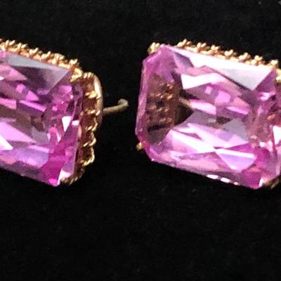 Large Vivid Pink Set On Gold Estate Earrings