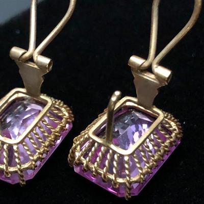 Large Vivid Pink Set On Gold Estate Earrings