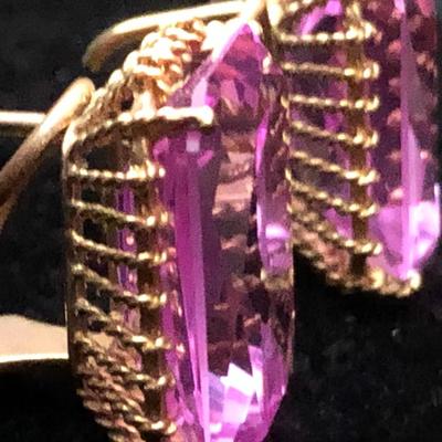 Large Vivid Pink Set On Gold Estate Earrings