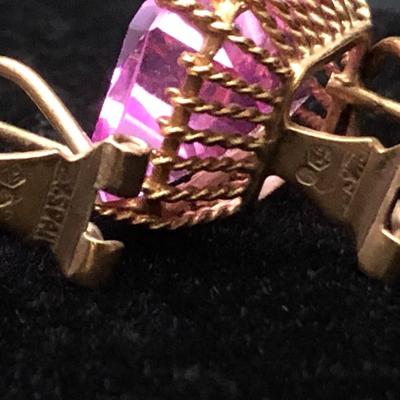 Large Vivid Pink Set On Gold Estate Earrings