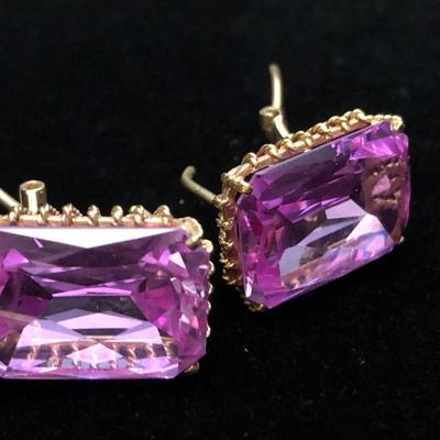 Large Vivid Pink Set On Gold Estate Earrings