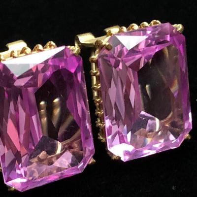Large Vivid Pink Set On Gold Estate Earrings