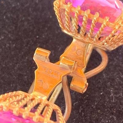 Large Vivid Pink Set On Gold Estate Earrings