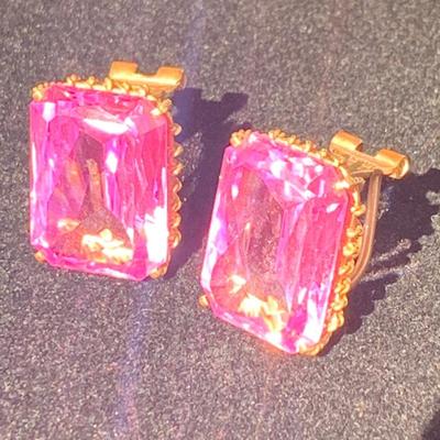 Large Vivid Pink Set On Gold Estate Earrings