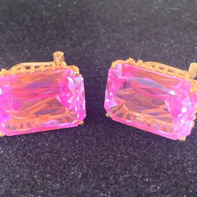 Large Vivid Pink Set On Gold Estate Earrings