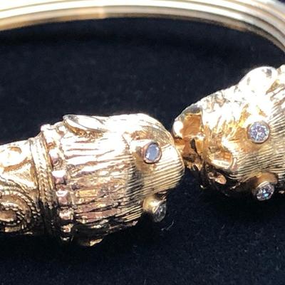 18k Yellow Gold Lions Head Bangle Bracelet Made in Greece