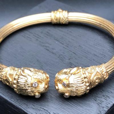 18k Yellow Gold Lions Head Bangle Bracelet Made in Greece