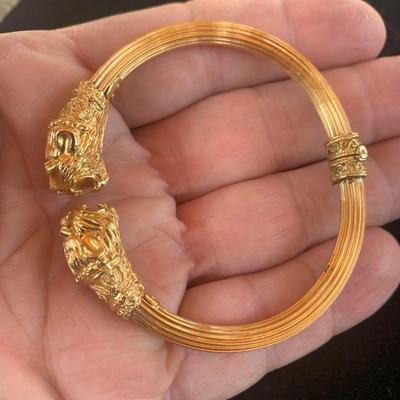18k Yellow Gold Lions Head Bangle Bracelet Made in Greece