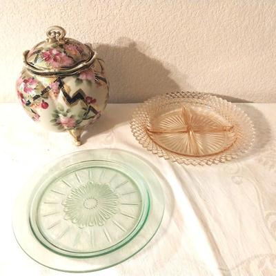 PINK AND GREEN DEPRESSION GLASS-PORCELIAN BOWL WITH LID