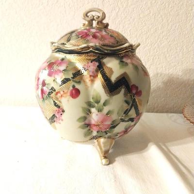 PINK AND GREEN DEPRESSION GLASS-PORCELIAN BOWL WITH LID