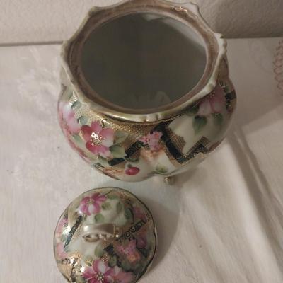 PINK AND GREEN DEPRESSION GLASS-PORCELIAN BOWL WITH LID