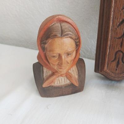 WOODEN CARVED FIGURINES AND WALL POCKET