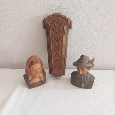 WOODEN CARVED FIGURINES AND WALL POCKET