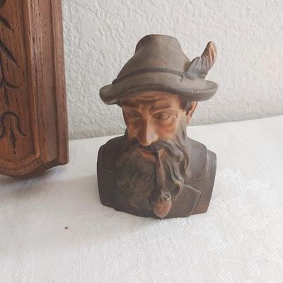 WOODEN CARVED FIGURINES AND WALL POCKET