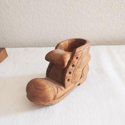 WOODEN SHOE AND FIGURINE