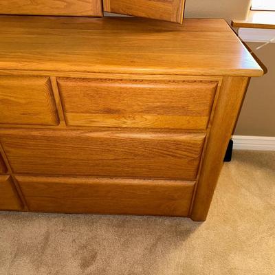 WOODLEY'S SOLID OAK 7 DRAWER DRESSER WITH TRIPLE MIRRORS