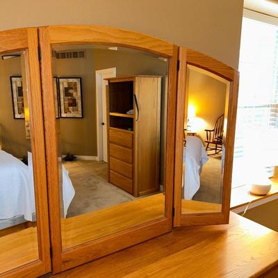 WOODLEY'S SOLID OAK 7 DRAWER DRESSER WITH TRIPLE MIRRORS