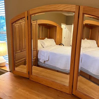 WOODLEY'S SOLID OAK 7 DRAWER DRESSER WITH TRIPLE MIRRORS