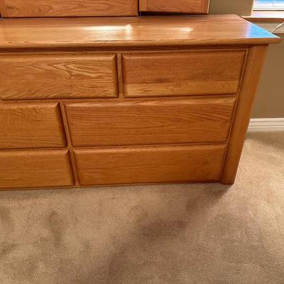 WOODLEY'S SOLID OAK 7 DRAWER DRESSER WITH TRIPLE MIRRORS