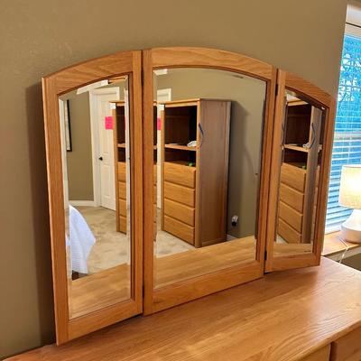 WOODLEY'S SOLID OAK 7 DRAWER DRESSER WITH TRIPLE MIRRORS